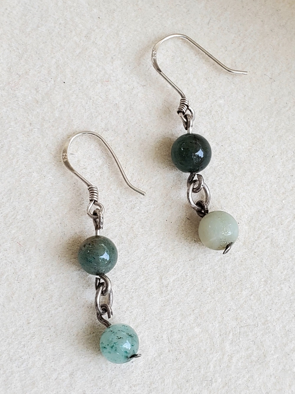 Sterling Silver Green Bead Drop Earrings - Double Bead Dangle